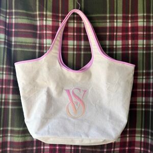 Victoria's Secret Cream Canvas Tote Pink Trim Ombre VS Logo Y2K